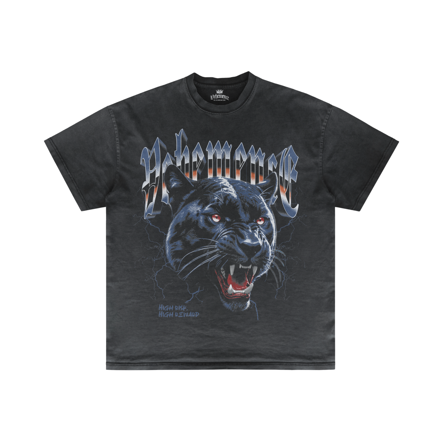 Black t-shirt with a panther graphic and text on a white background