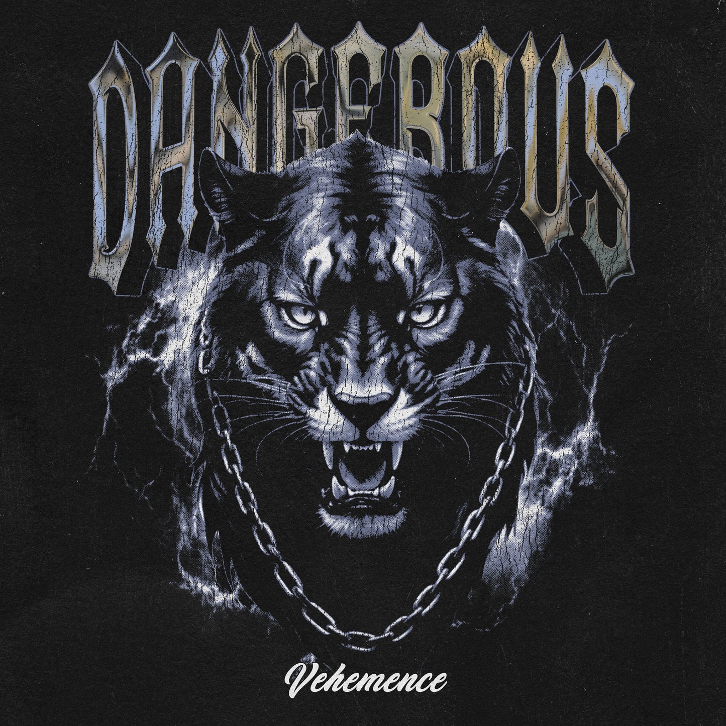 Black panther with chains and the word 'DANGEROUS' on a black background