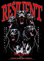 Poster with rottweilers and the word 'Resilient' in red text on a black background.