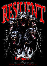Poster with rottweilers and the word 'Resilient' in red text on a black background.