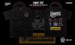 Black t-shirt with various logos and text on a dark background