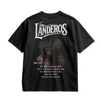 Black t-shirt with 'Team Landeros' design on a textured gray background