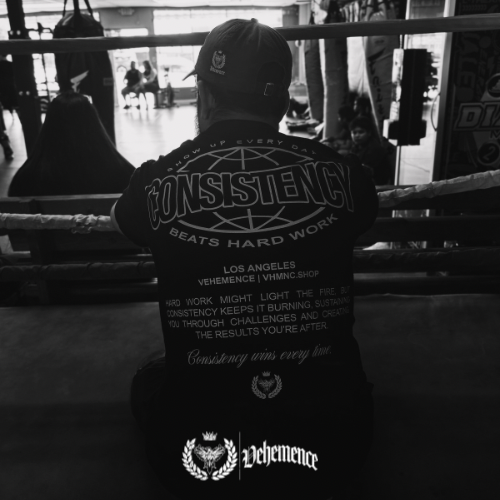 Person wearing a jacket with 'Consistency Beats Hard Work' text in a boxing ring.