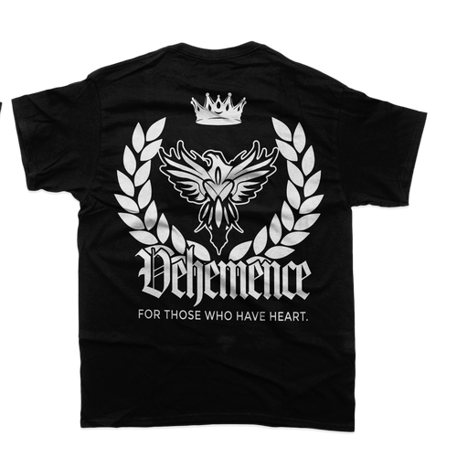 Black t-shirt with white graphics and text on a white background