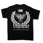 Black t-shirt with white graphics and text on a white background