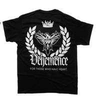 Black t-shirt with white graphics and text on a white background