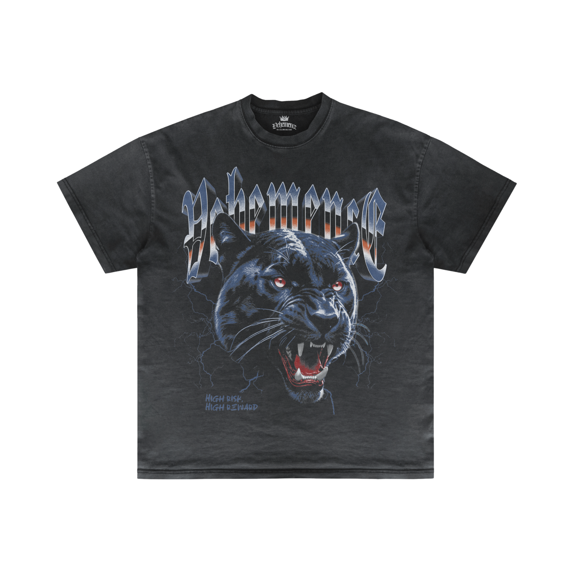 Black t-shirt with a panther graphic and text on a white background