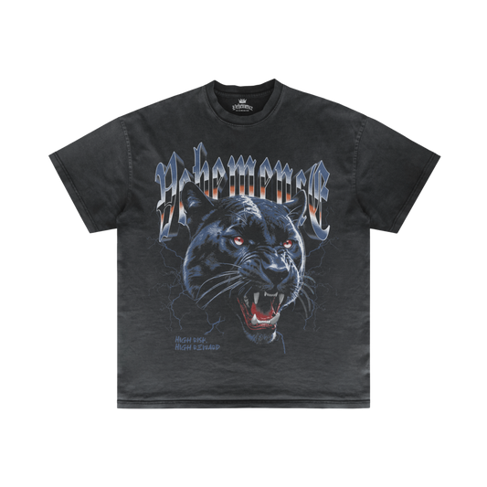 Black t-shirt with a panther graphic and text on a white background