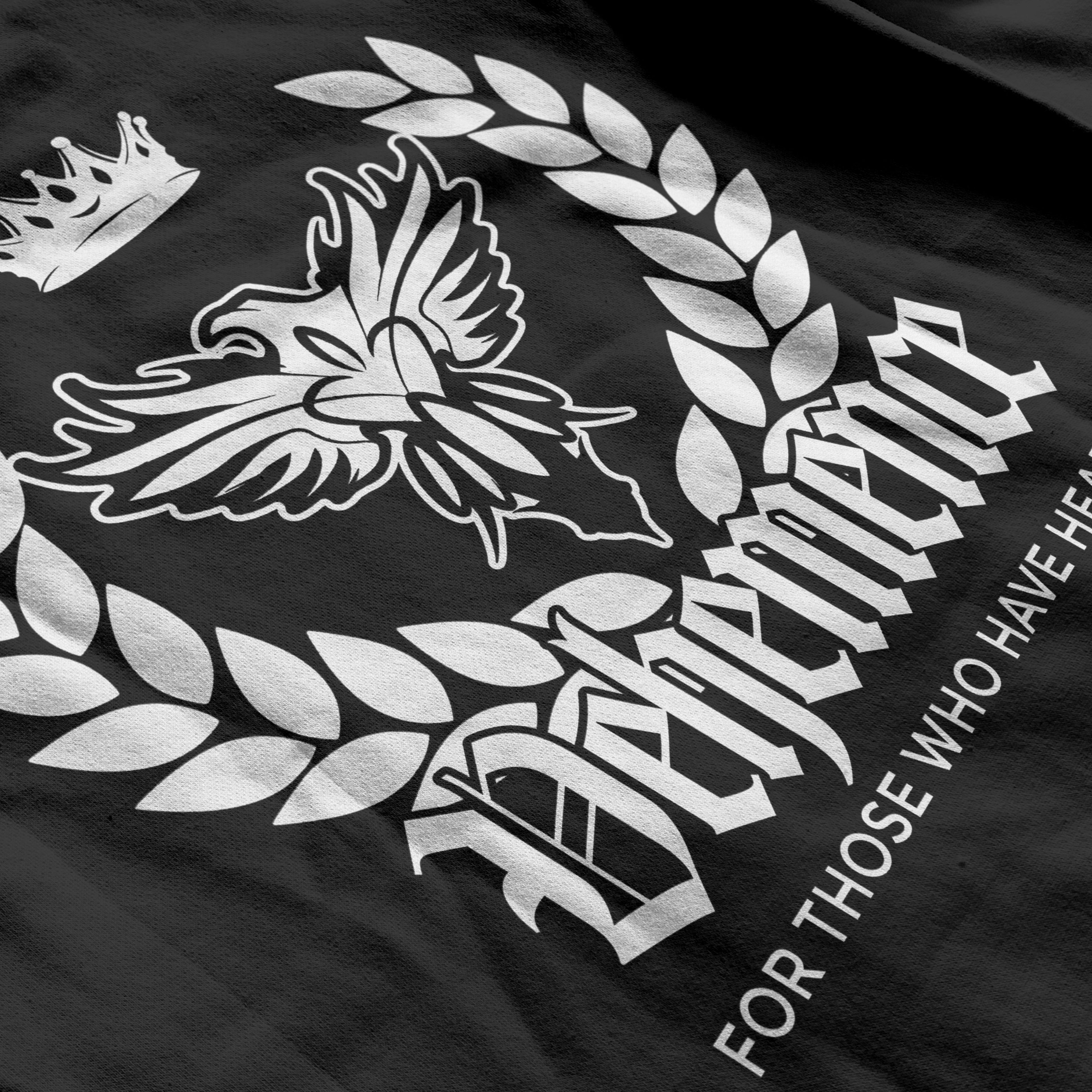 Black hoodie with white vehemence design.