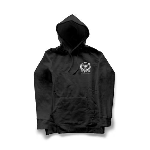 Black hoodie with a logo on the chest 