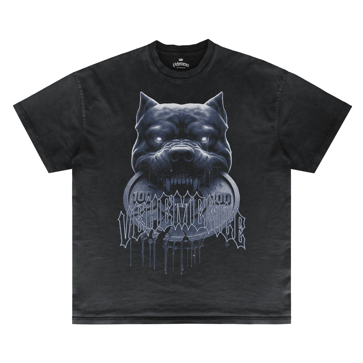 Black t-shirt with a graphic of a dog's head and text on a white background