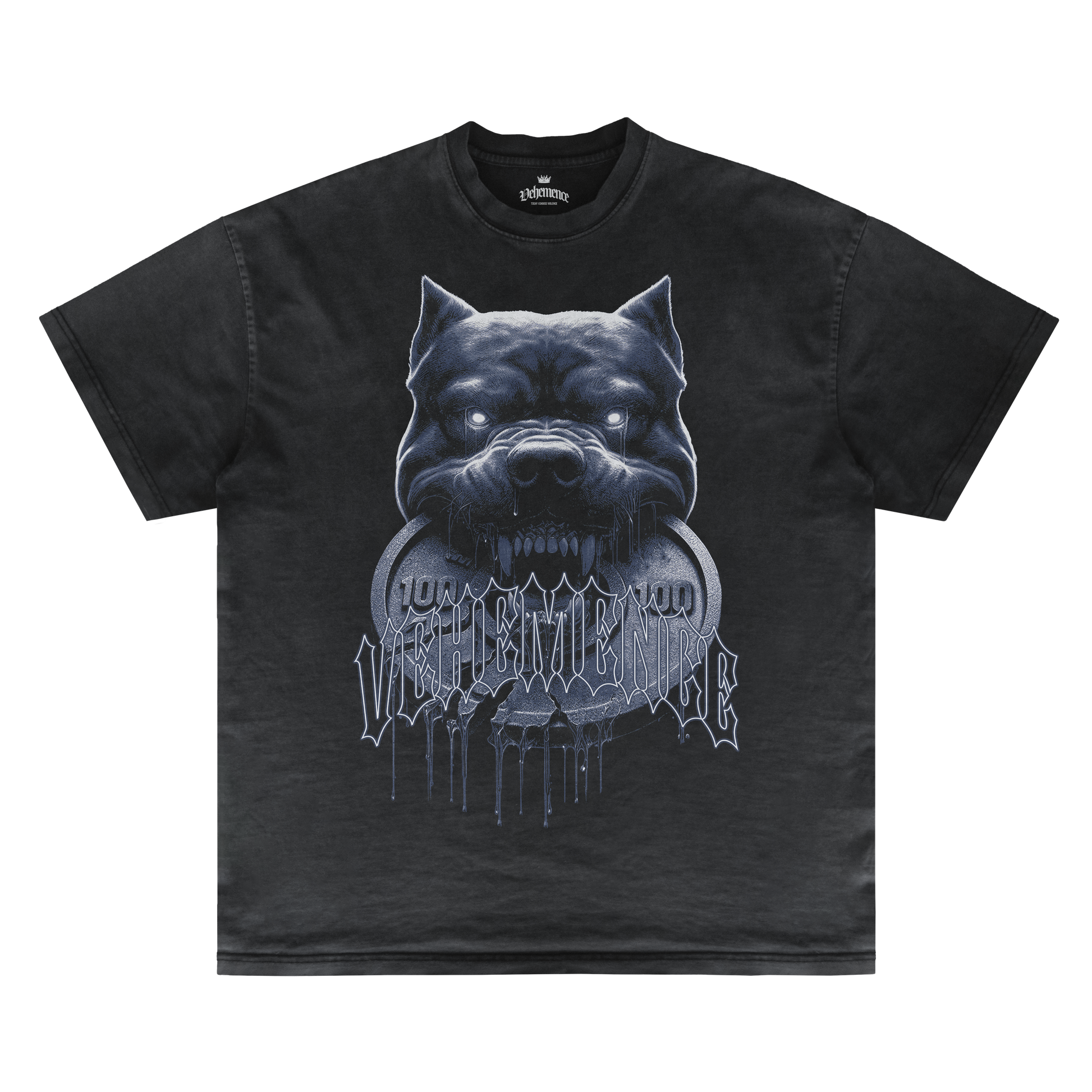 Black t-shirt with a graphic of a dog's head and text on a white background
