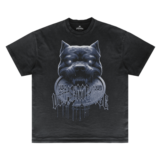 Black t-shirt with a graphic of a dog's head and text on a white background