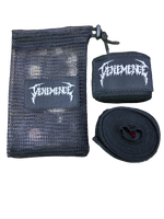 Black wrist wrap with 'Vehemence' and mesh bag