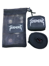 Black wrist wrap with 'Vehemence' and mesh bag