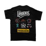 Black t-shirt with graphics and text on a white background
