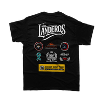 Black t-shirt with graphics and text on a white background