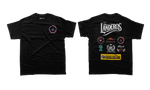 Black t-shirt with graphics and text on a white background
