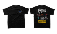 Black t-shirt with graphics and text on a white background