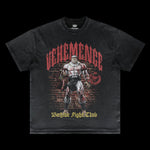 Black t-shirt with graphic design of a muscular figure and text on a black background