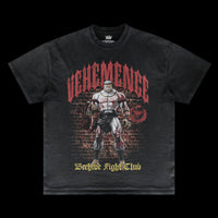 Black t-shirt with graphic design of a muscular figure and text on a black background