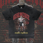 Black t-shirt with graphic design and text on a textured background