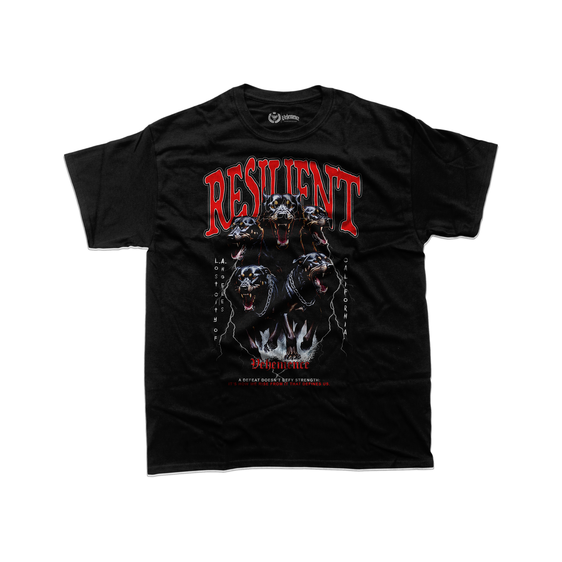 Black t-shirt with graphic design and text on a white background