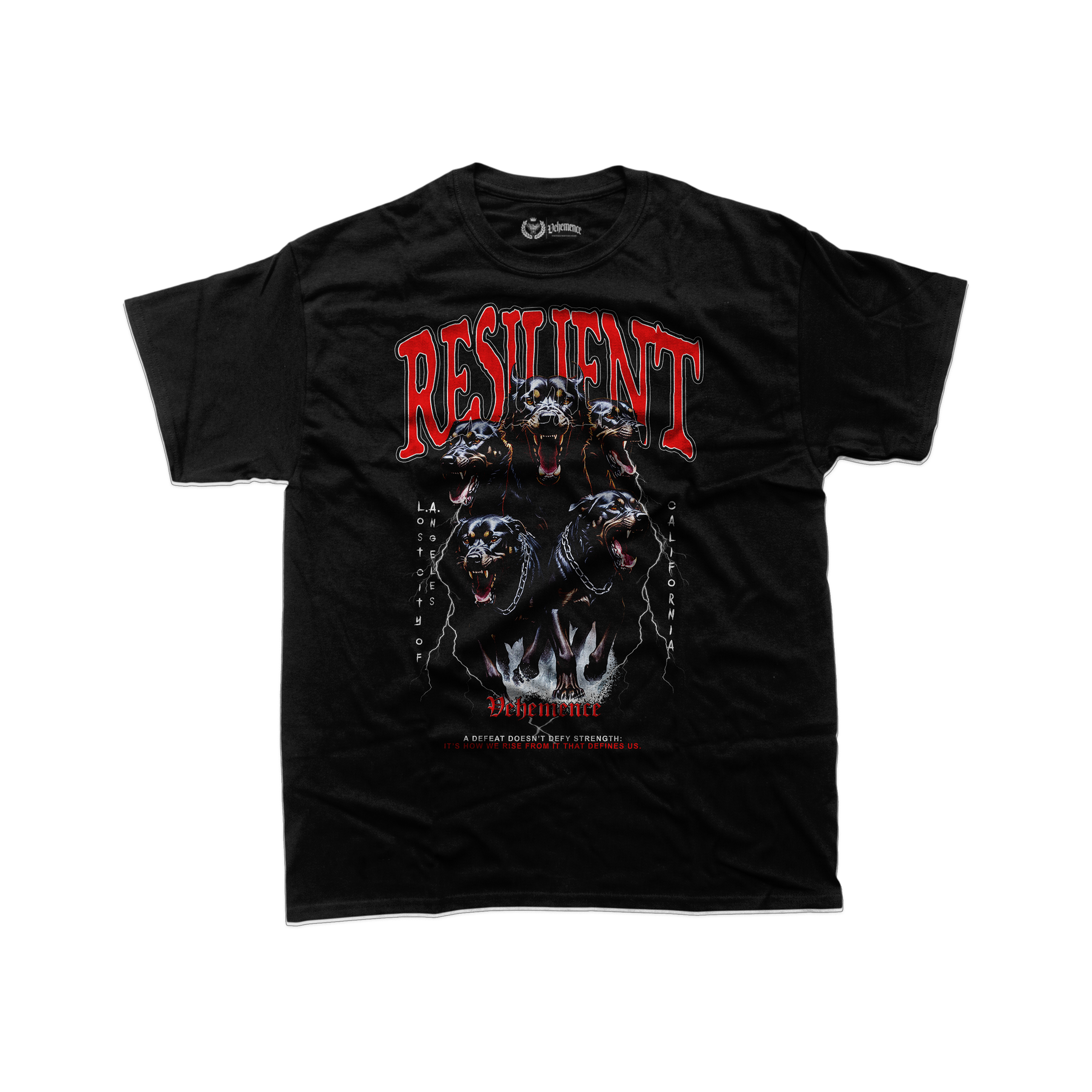 Black t-shirt with graphic design and text on a white background