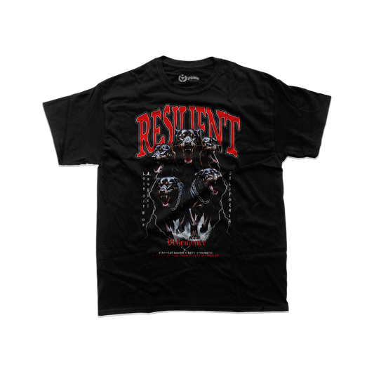 Black t-shirt with graphic design and text on a white background