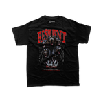 Black t-shirt with graphic design and text on a white background