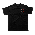 Black t-shirt with a circular logo on the chest against a white background