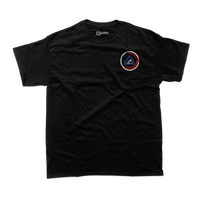 Black t-shirt with a circular logo on the chest against a white background