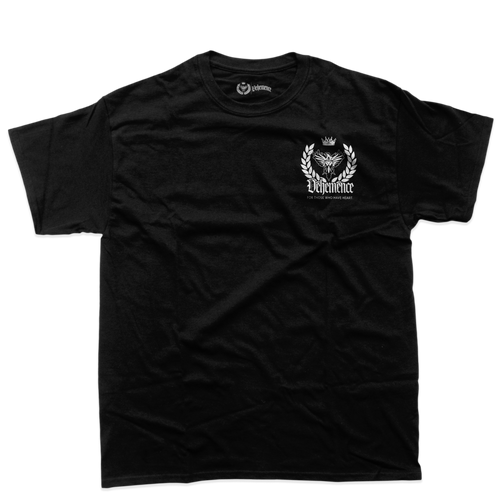 Black t-shirt with white graphics and text on a white background