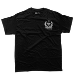 Black t-shirt with white graphics and text on a white background