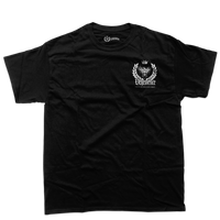 Black t-shirt with white graphics and text on a white background