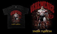 Black t-shirt with 'Vechemence' graphic design featuring a muscular figure and text on a black background.
